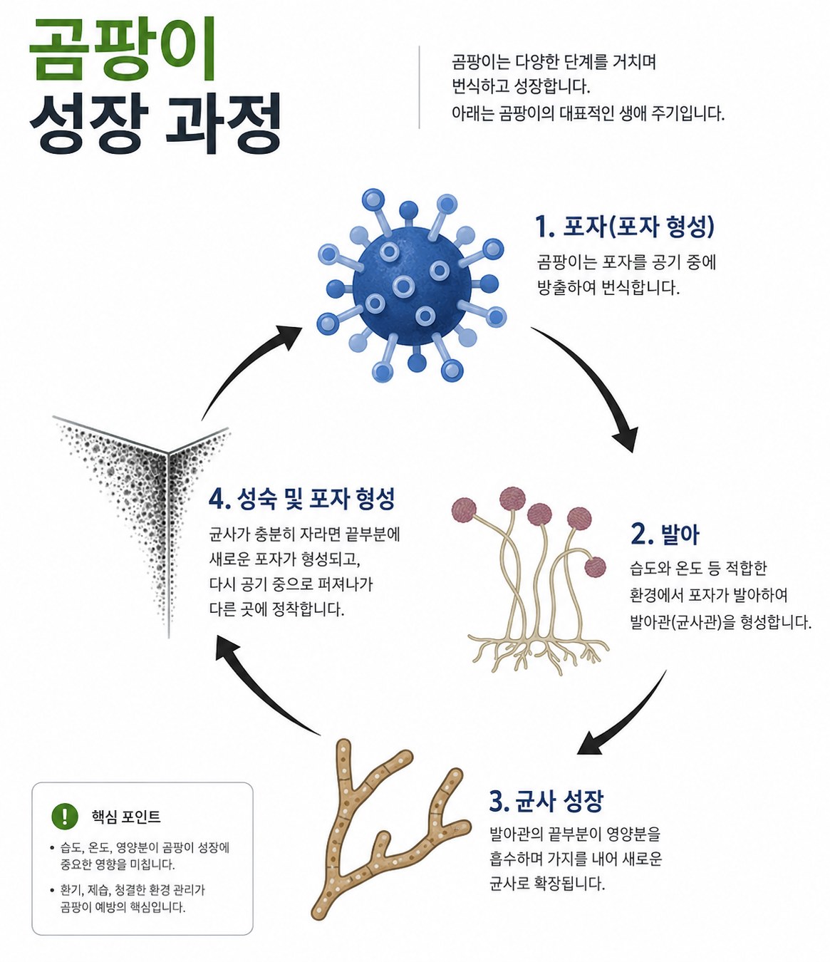 곰팡이 성장 과정 도해. 포자 형성, 발아, 균사 성장, 성숙의 생애 주기