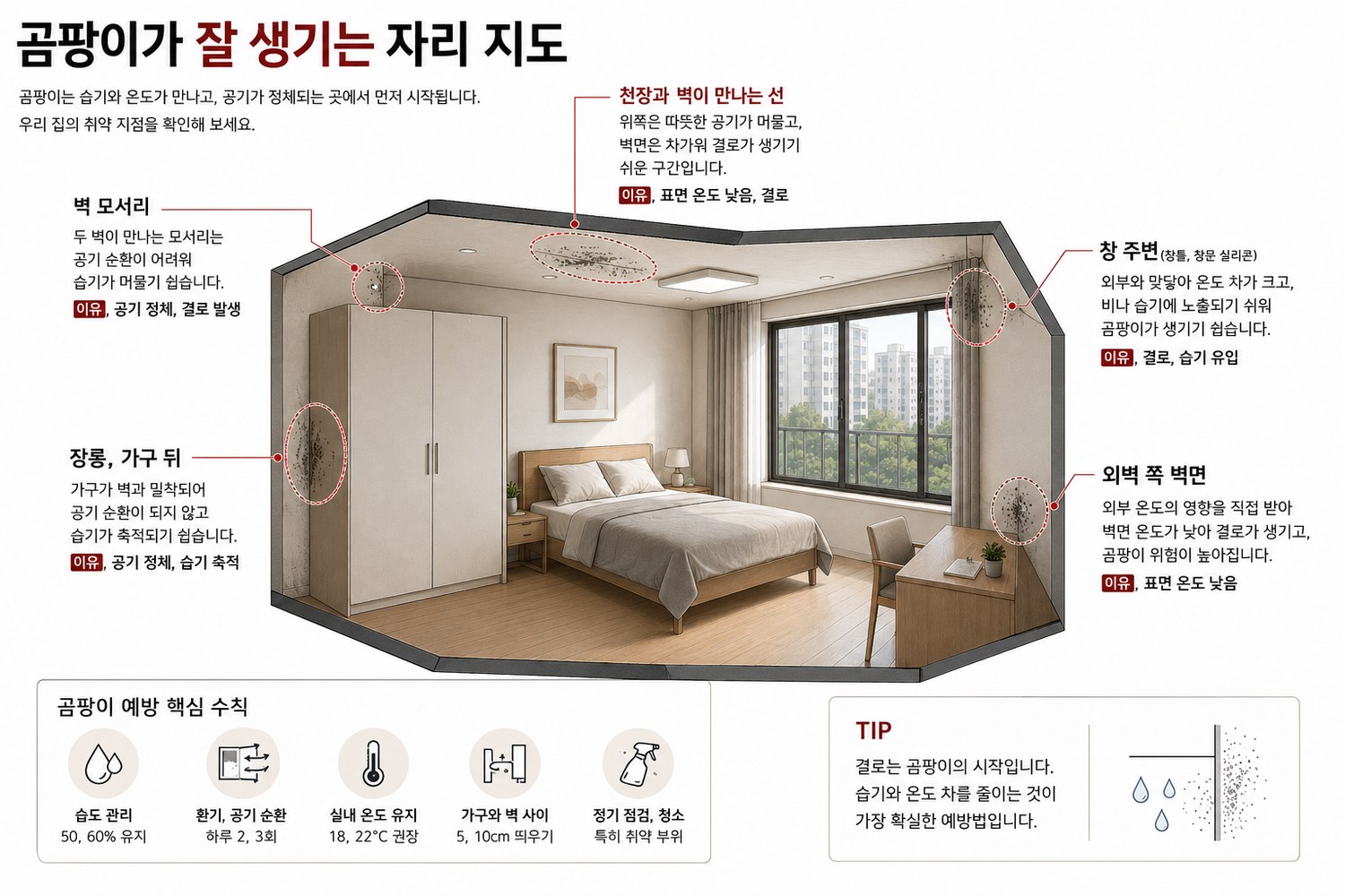 곰팡이가 잘 생기는 자리 지도. 벽 모서리, 천장과 벽이 만나는 선, 가구 뒤, 창 주변, 외벽 쪽 벽면